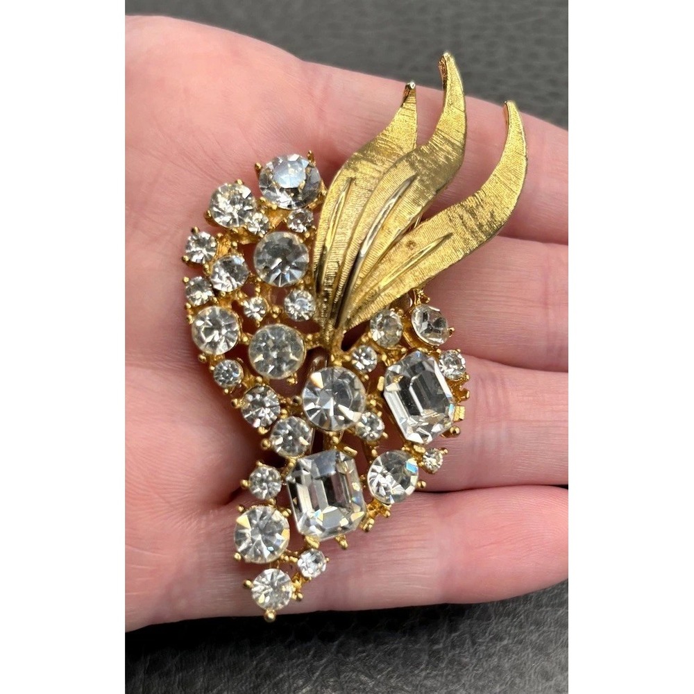Vintage Large BSK Rhinestone Crystal Leaf Statement Brooch Pin Gold Tone